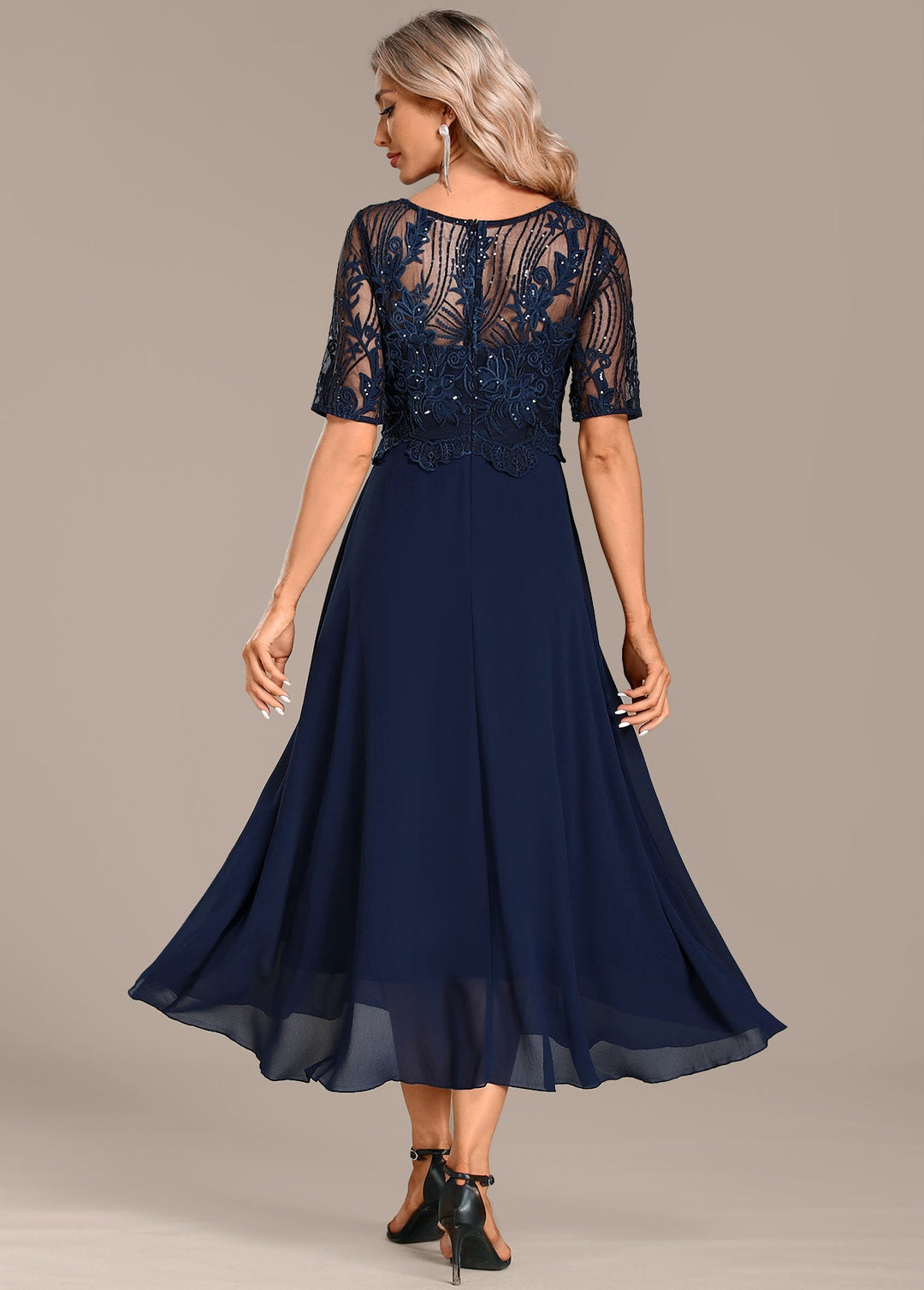 Sophie - Navy Lace Short Sleeve Round Neck Dress