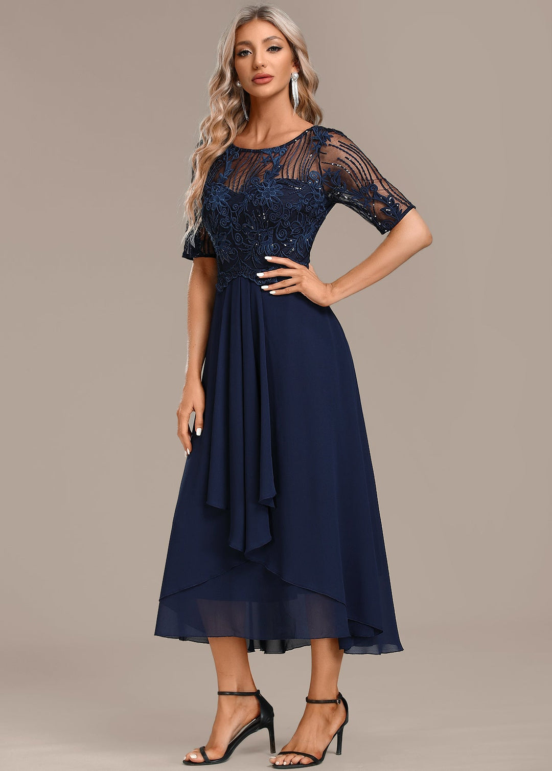 Sophie - Navy Lace Short Sleeve Round Neck Dress