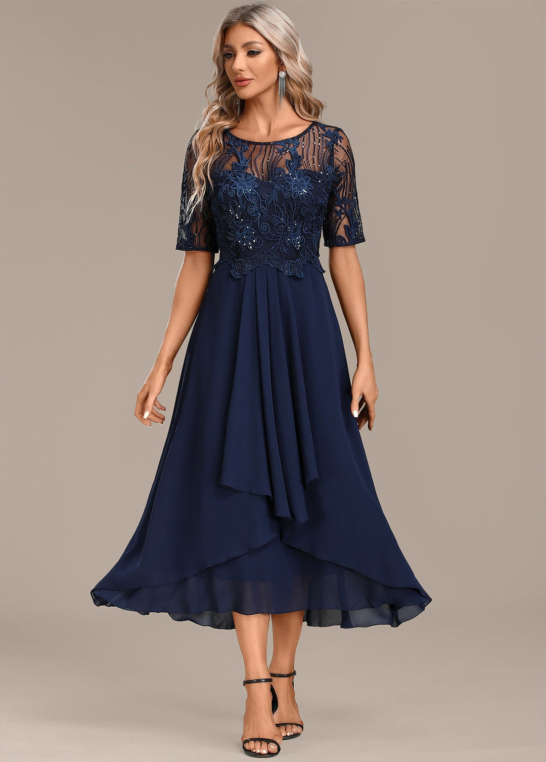 Sophie - Navy Lace Short Sleeve Round Neck Dress