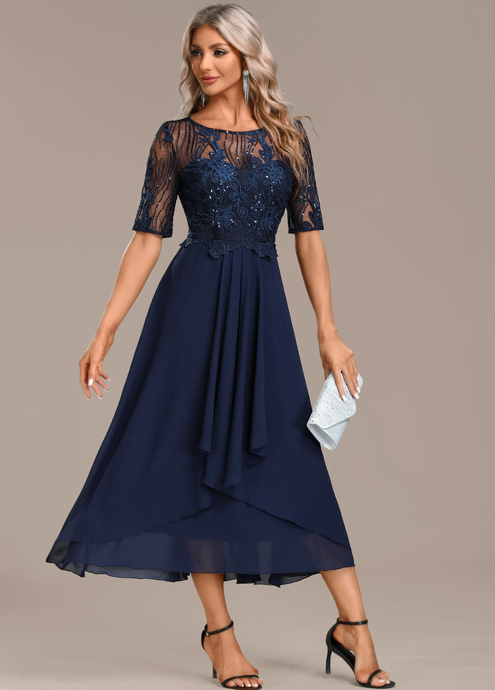 Sophie - Navy Lace Short Sleeve Round Neck Dress