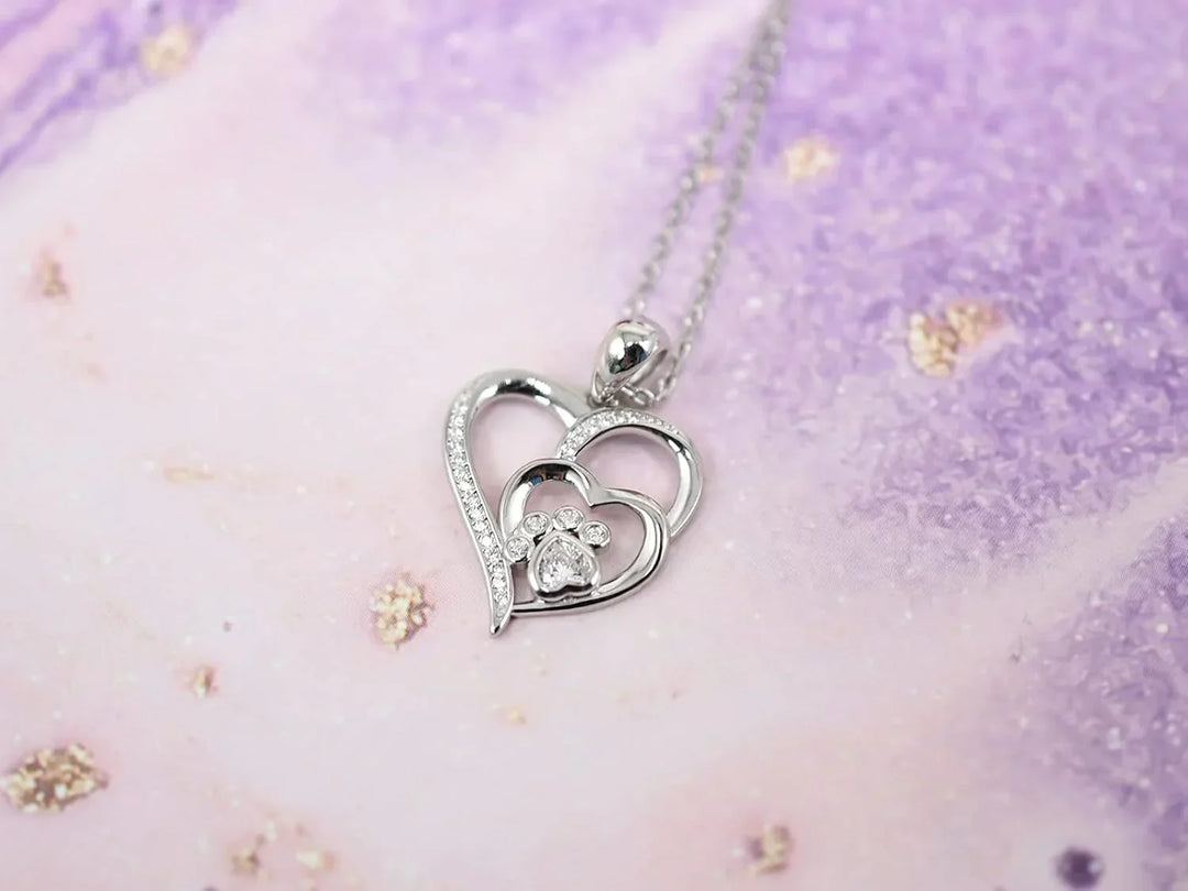 Silvered Heart & Paw Zirconia Necklace