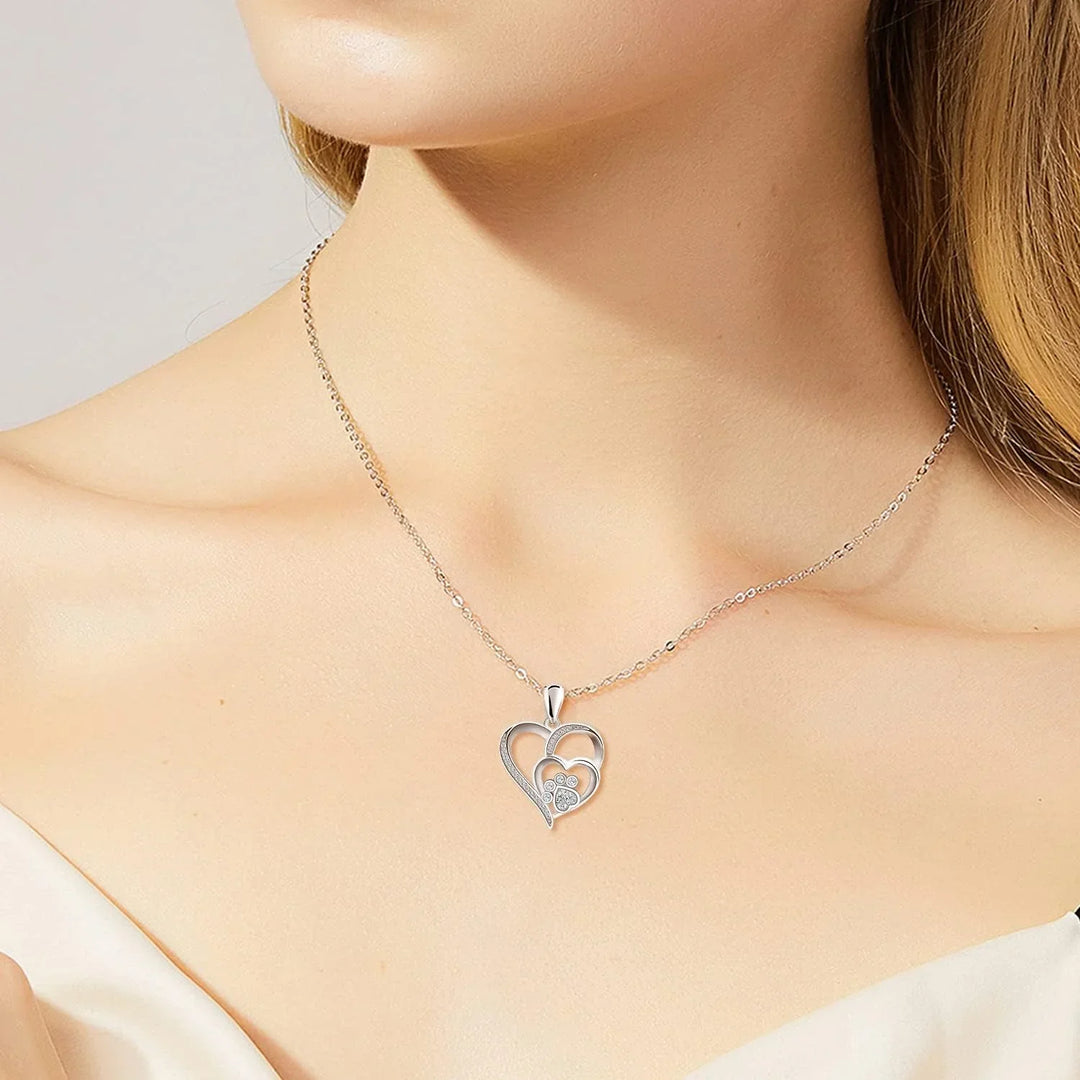 Silvered Heart & Paw Zirconia Necklace