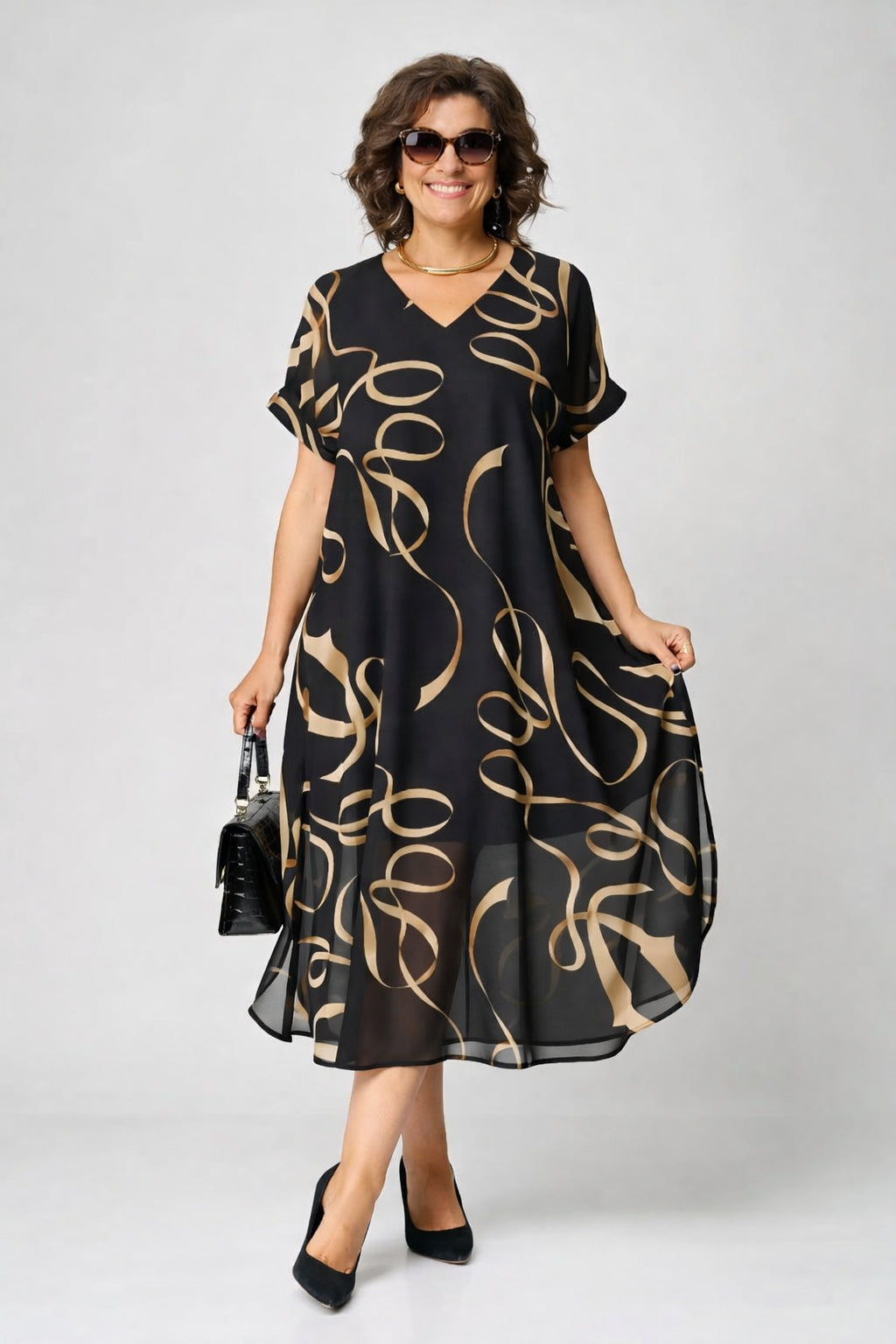 Emma | V-Neck White Midi Dress with Relaxed Fit