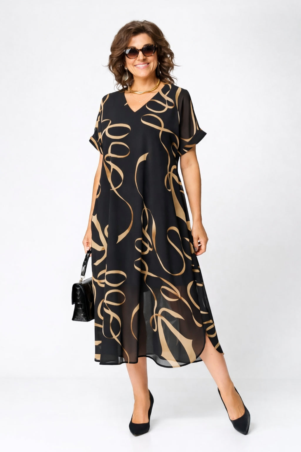Emma | V-Neck White Midi Dress with Relaxed Fit