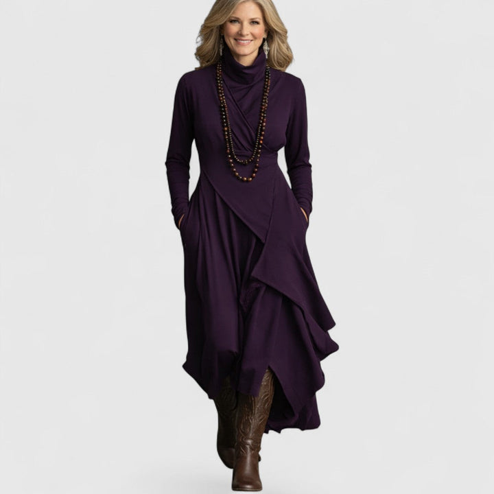Janice - High neck Asymmetrical Pleated Maxi Dress