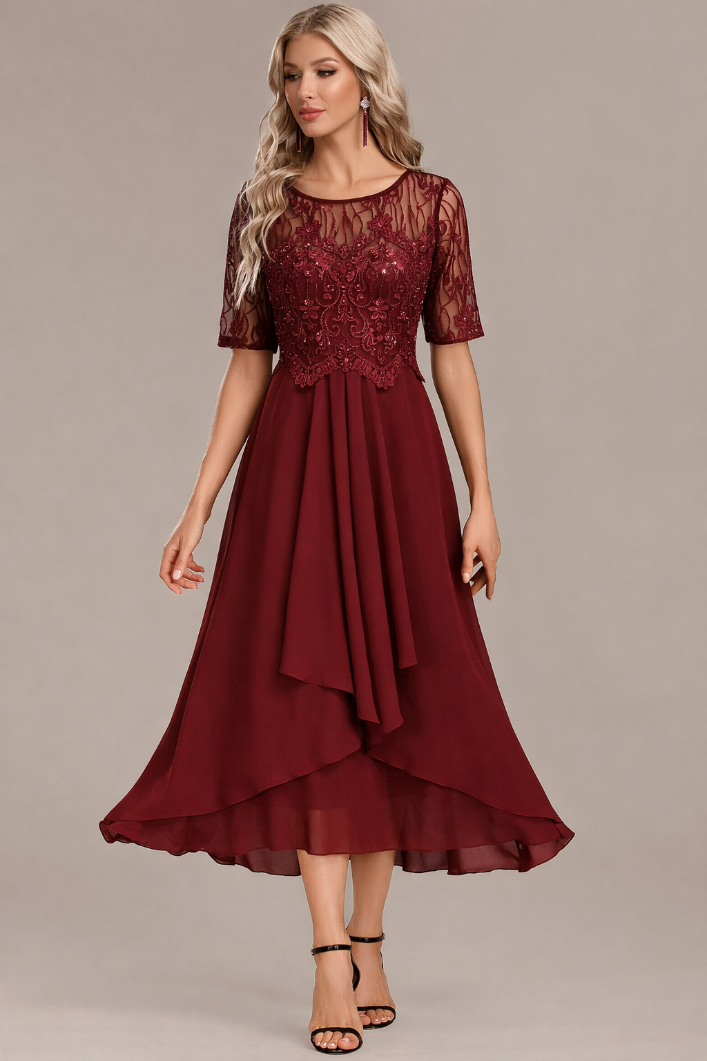 Sophie - Navy Lace Short Sleeve Round Neck Dress