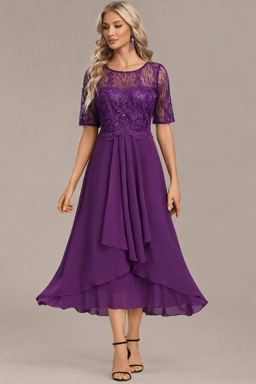 Sophie - Navy Lace Short Sleeve Round Neck Dress