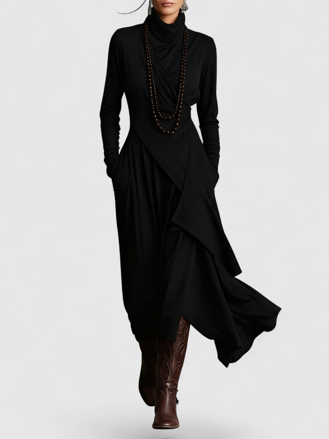 Janice - High neck Asymmetrical Pleated Maxi Dress