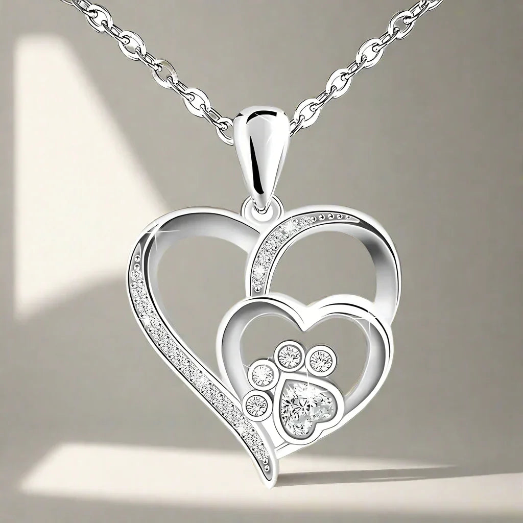 Silvered Heart & Paw Zirconia Necklace