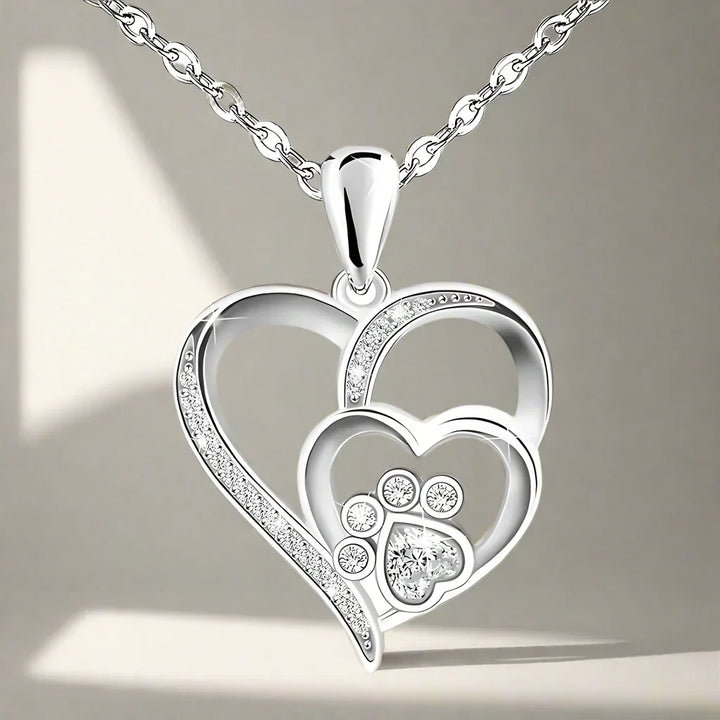 Silvered Heart & Paw Zirconia Necklace