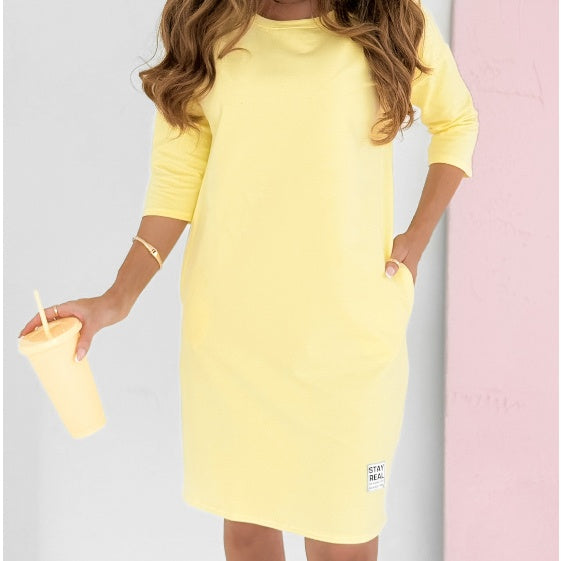 Hannah | Round Neck 3/4 Sleeve Dress with Pockets